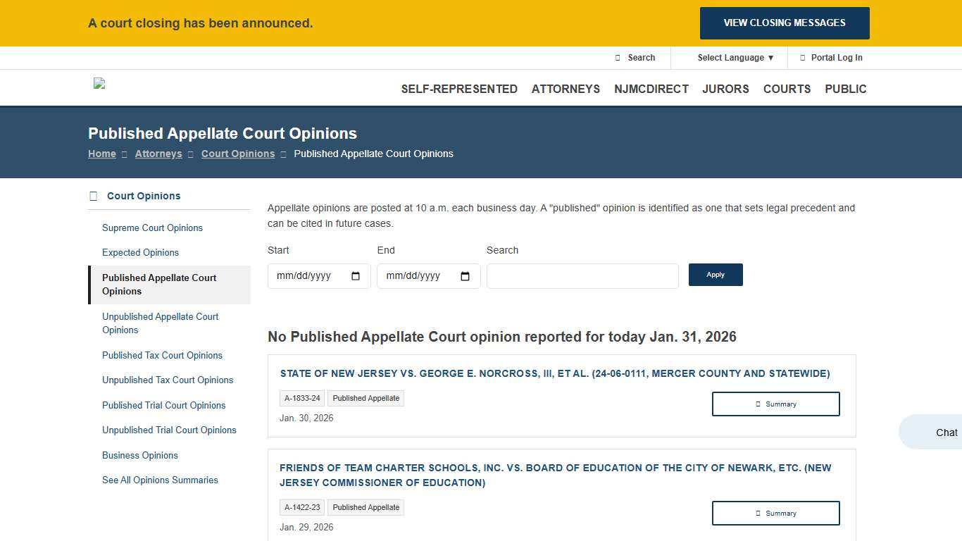 Published Appellate Court Opinions NJ Courts