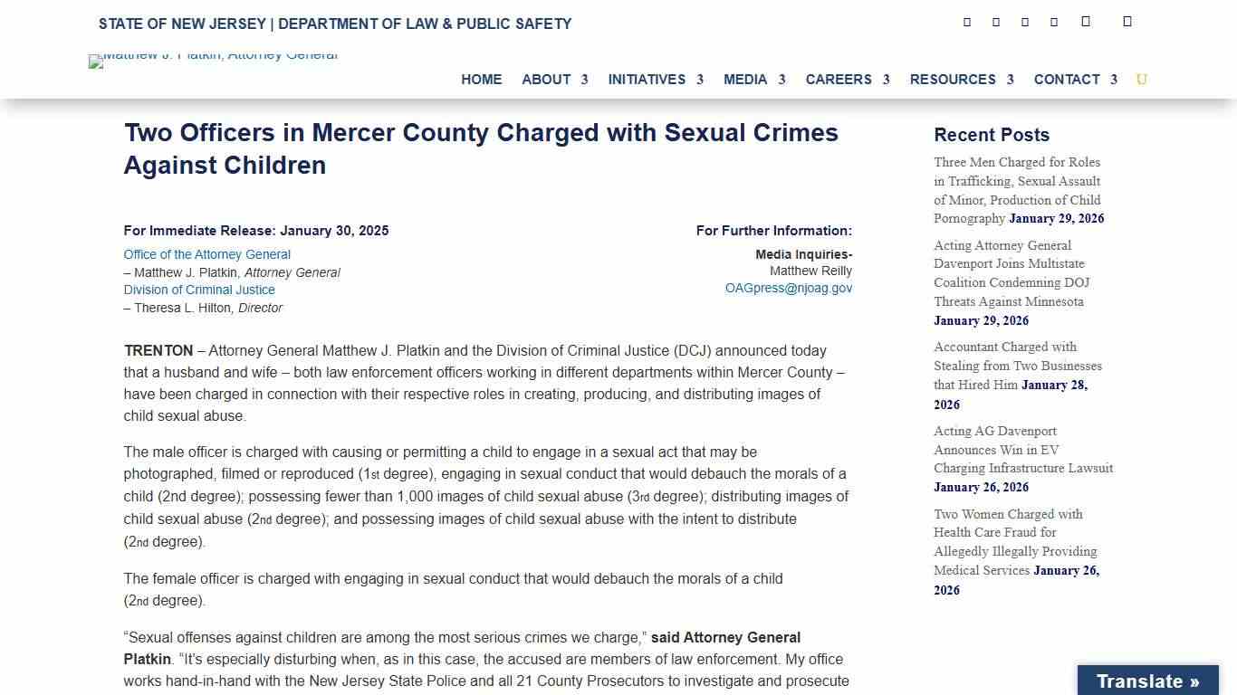 Two Officers in Mercer County Charged with Sexual Crimes Against Children - New Jersey Office of Attorney General